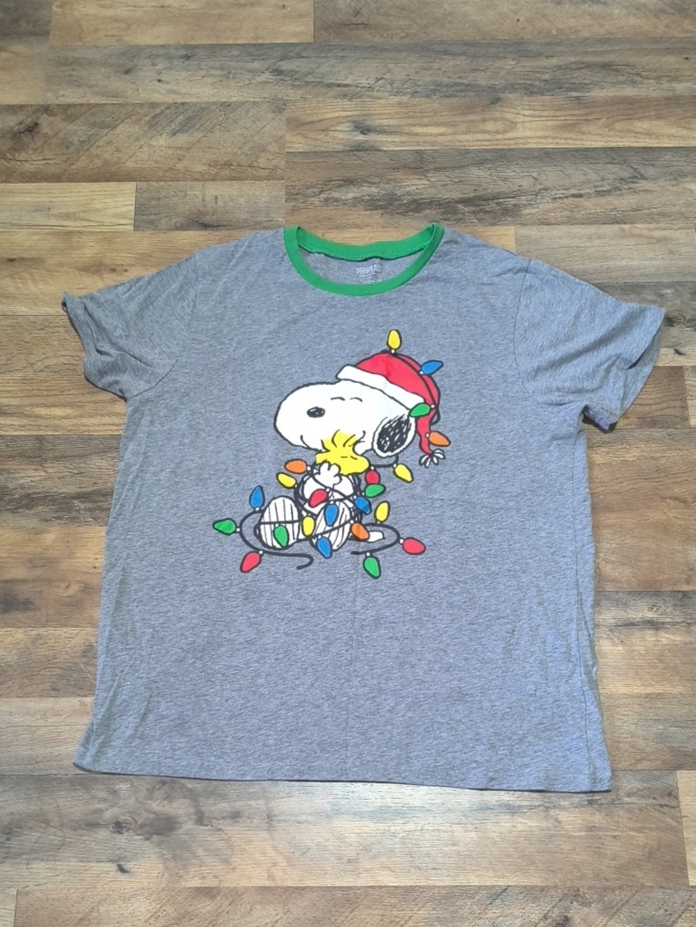 Peanuts Grey Tee with Green Trim and Festive Snoopy Graphic